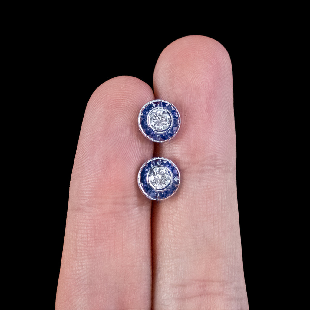Art Deco Style Diamond Sapphire Target Stud Earrings 18ct Gold