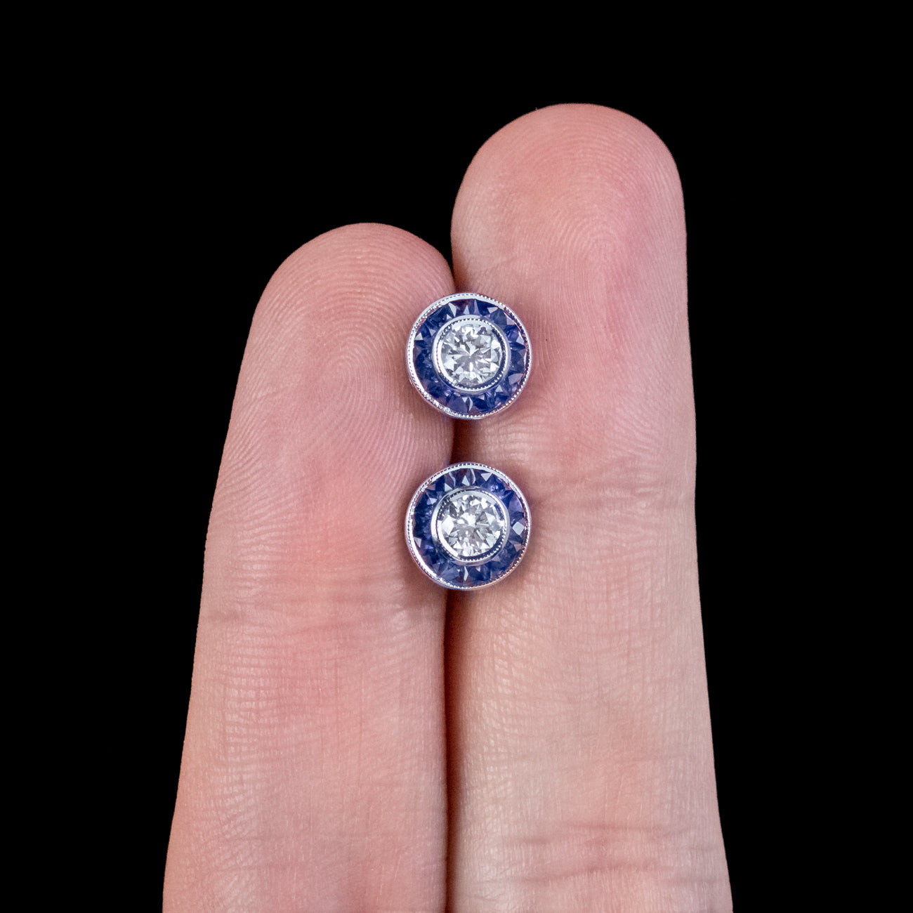 Art Deco Style Diamond Sapphire Target Stud Earrings 18ct Gold