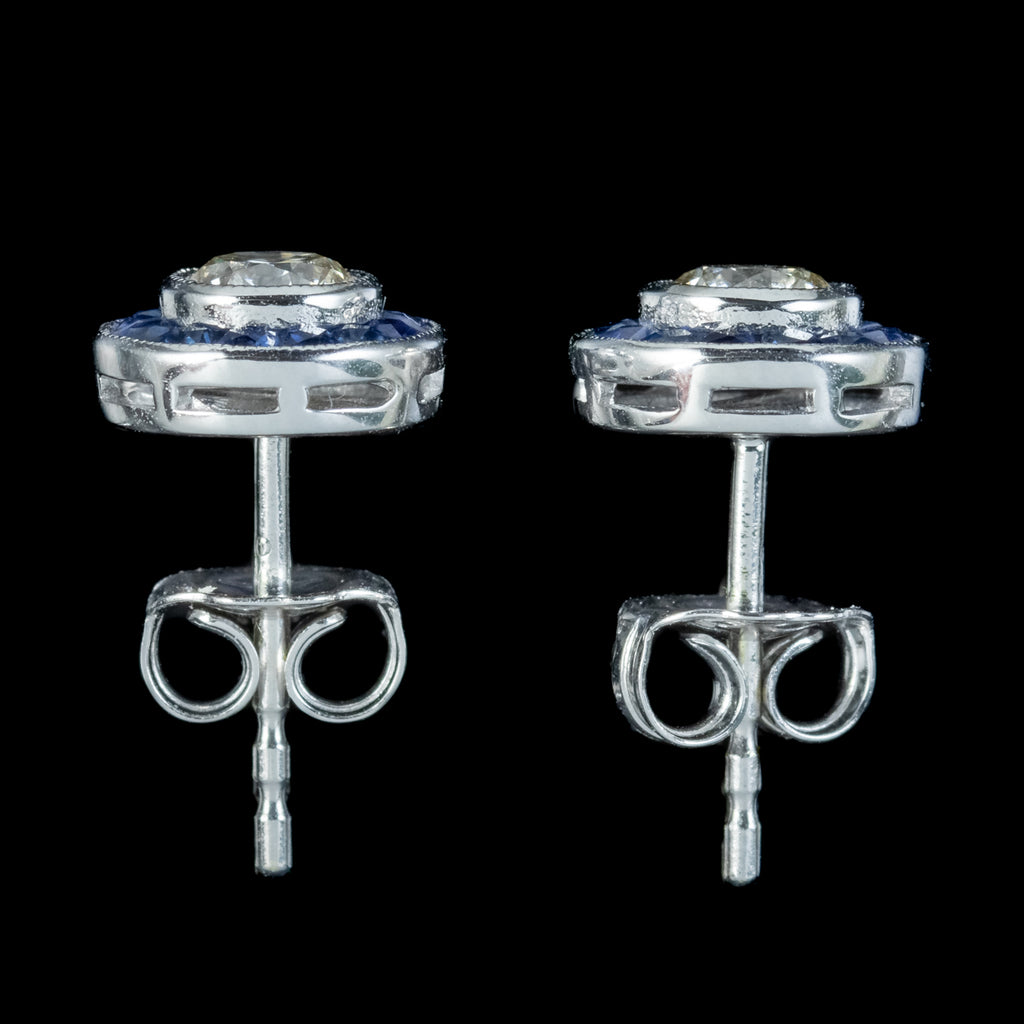 Art Deco Style Diamond Sapphire Target Stud Earrings 18ct Gold