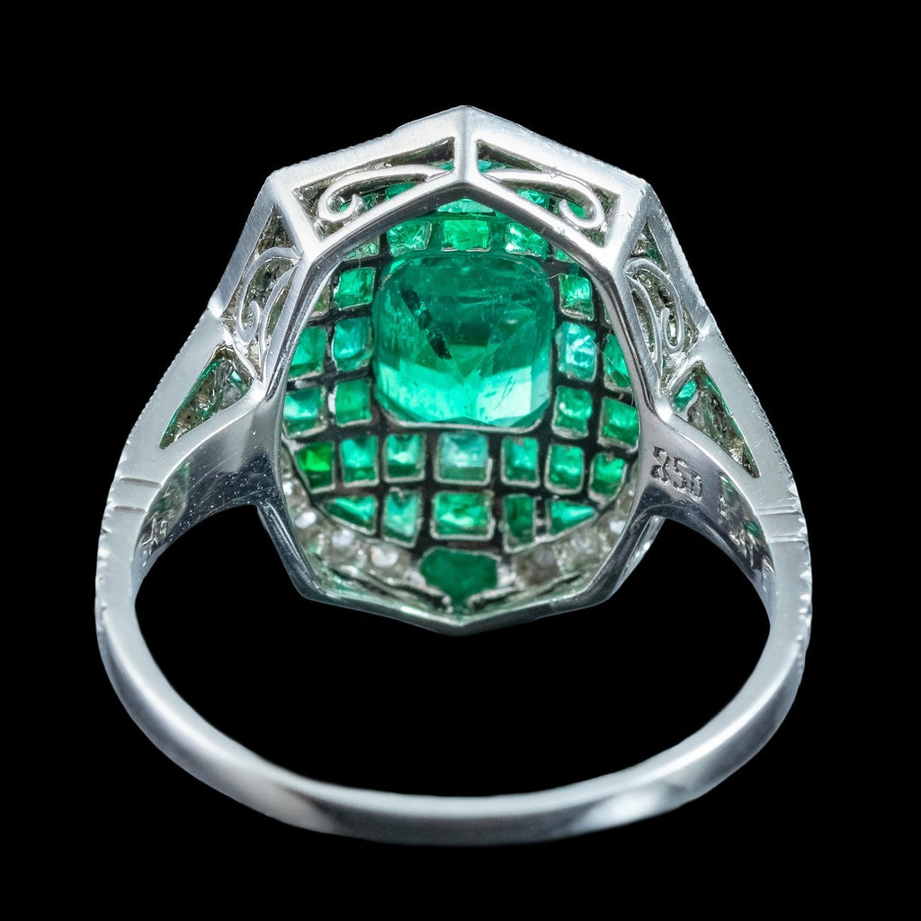 Art Deco Style Emerald Diamond Cluster Ring 1.6ct Of Emerald