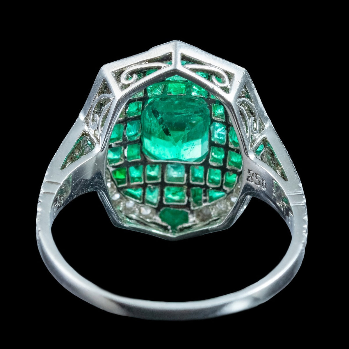 Art Deco Style Emerald Diamond Cluster Ring 1.6ct Of Emerald