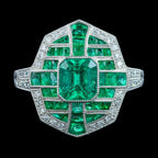 Art Deco Style Emerald Diamond Cluster Ring 1.6ct Of Emerald