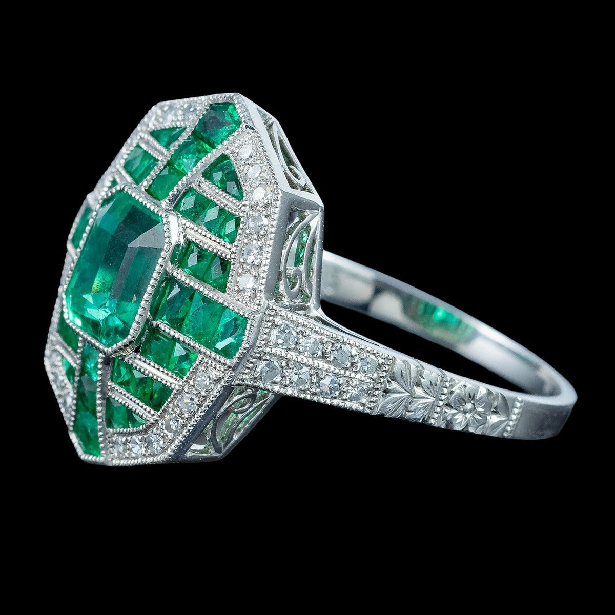 Art Deco Style Emerald Diamond Cluster Ring 1.6ct Of Emerald