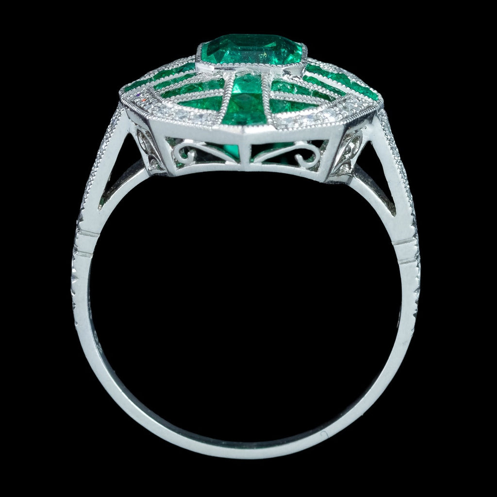 Art Deco Style Emerald Diamond Cluster Ring 1.6ct Of Emerald