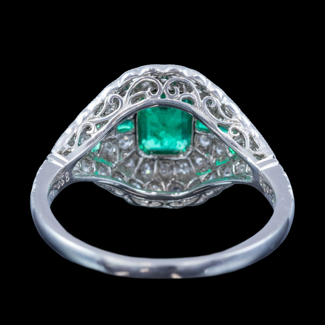 Art Deco Style Emerald Diamond Cluster Ring 0.66ct Emerald 