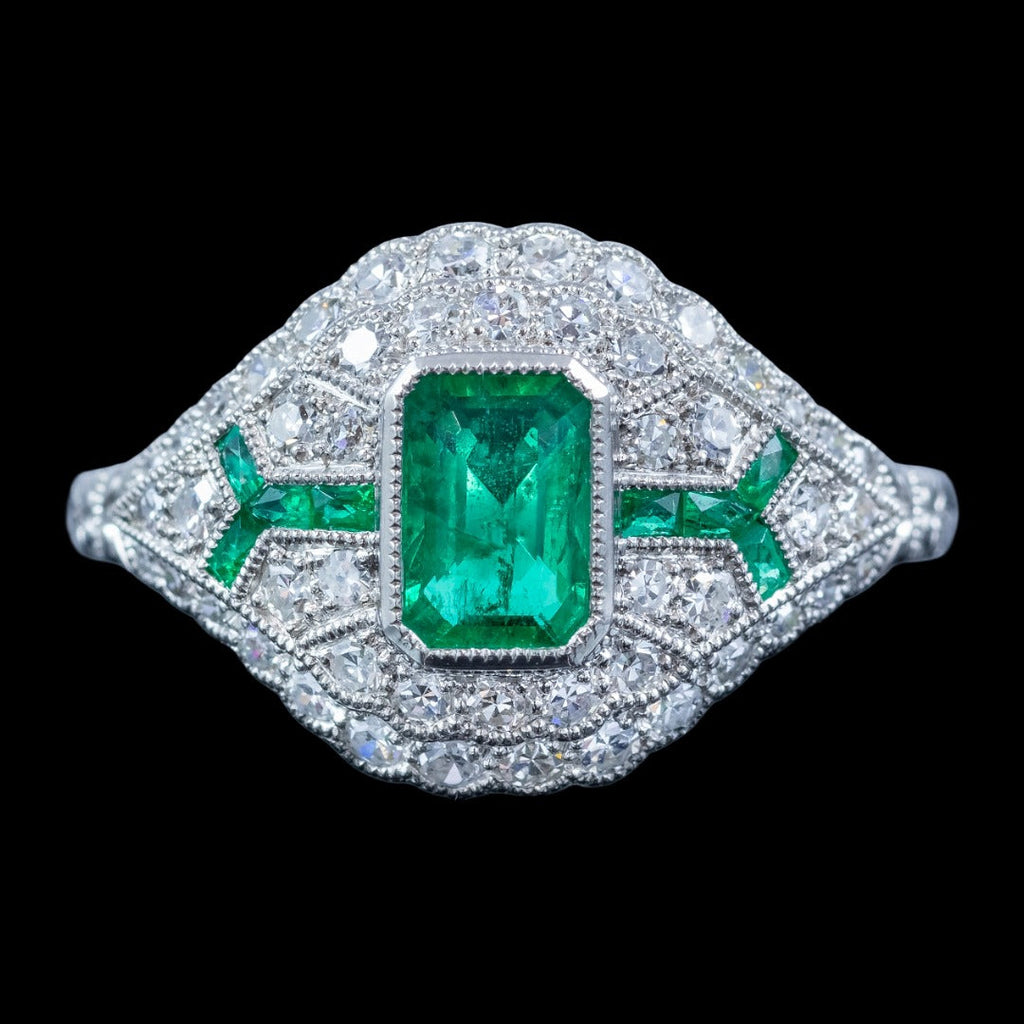 Art Deco Style Emerald Diamond Cluster Ring 0.66ct Emerald 