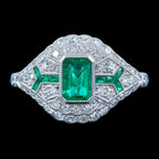 Art Deco Style Emerald Diamond Cluster Ring 0.66ct Emerald 