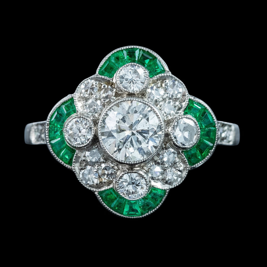 Art Deco Style Emerald Diamond Cluster Ring 1.36ct Of Diamond