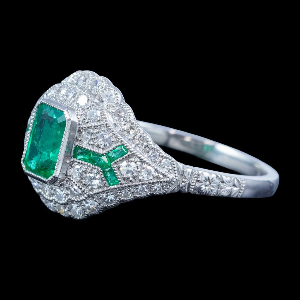 Art Deco Style Emerald Diamond Cluster Ring 0.66ct Emerald 