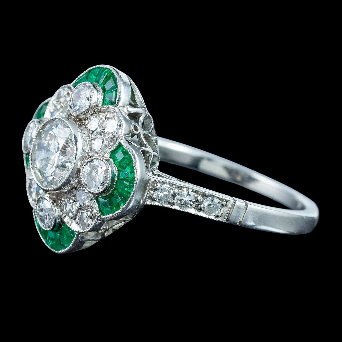 Art Deco Style Emerald Diamond Cluster Ring 1.36ct Of Diamond