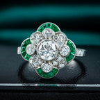 Art Deco Style Emerald Diamond Cluster Ring 1.36ct Of Diamond
