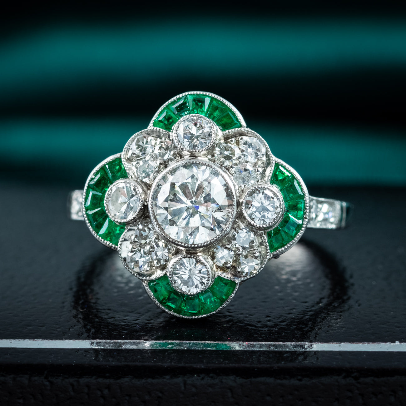 Art Deco Style Emerald Diamond Cluster Ring 1.36ct Of Diamond