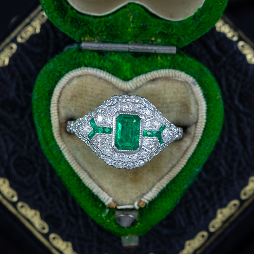 Art Deco Style Emerald Diamond Cluster Ring 0.66ct Emerald 