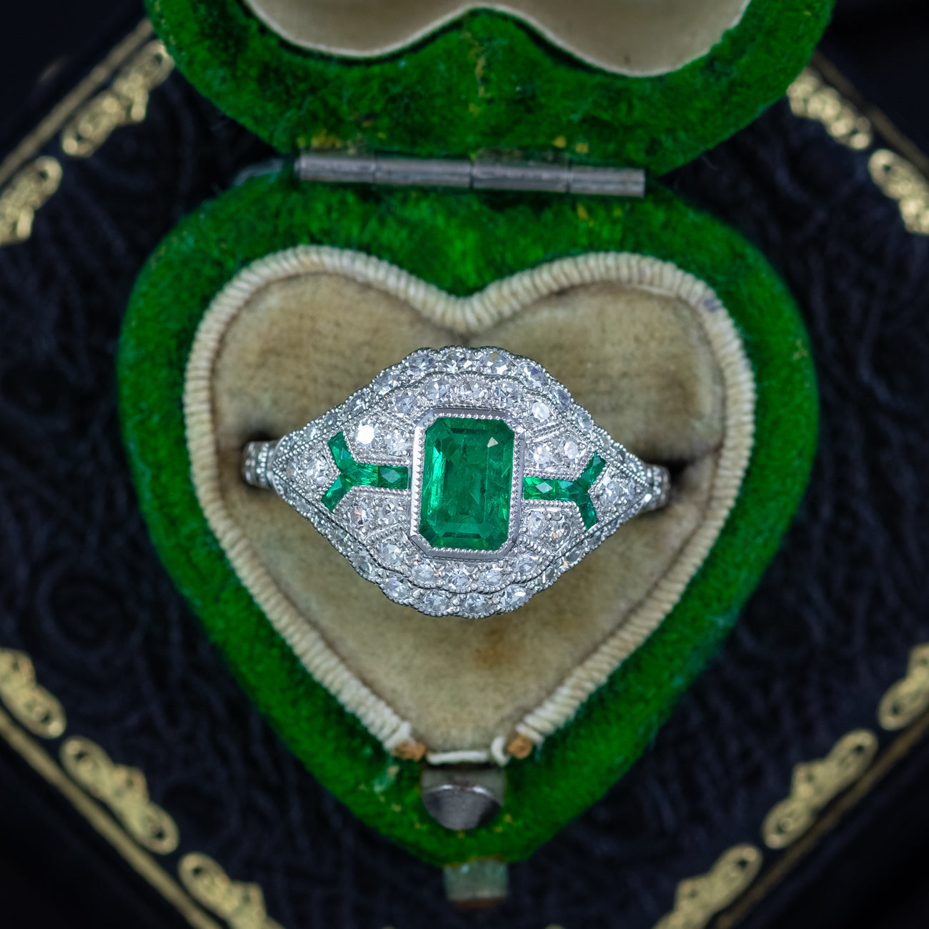 Art Deco Style Emerald Diamond Cluster Ring 0.66ct Emerald 