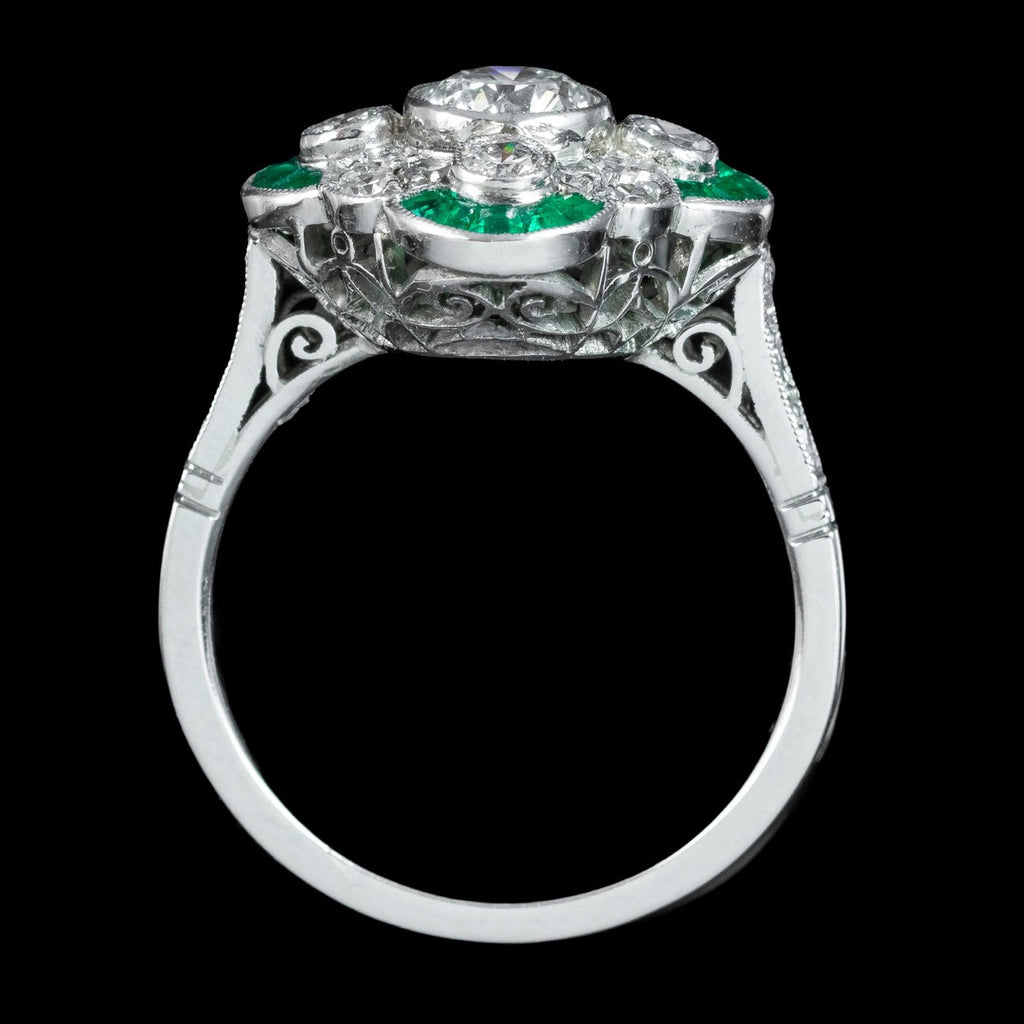 Art Deco Style Emerald Diamond Cluster Ring 1.36ct Of Diamond