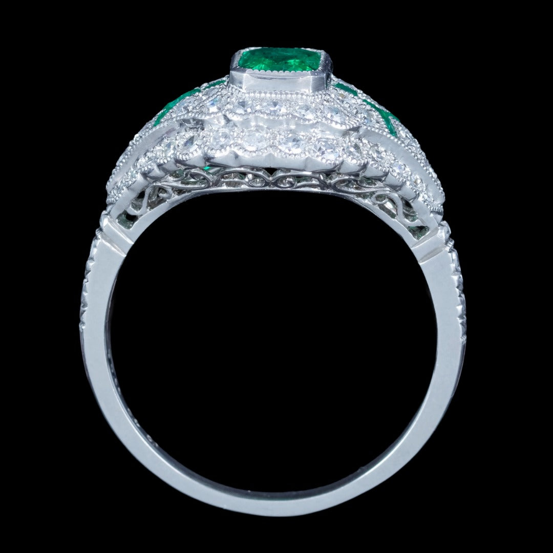 Art Deco Style Emerald Diamond Cluster Ring 0.66ct Emerald 