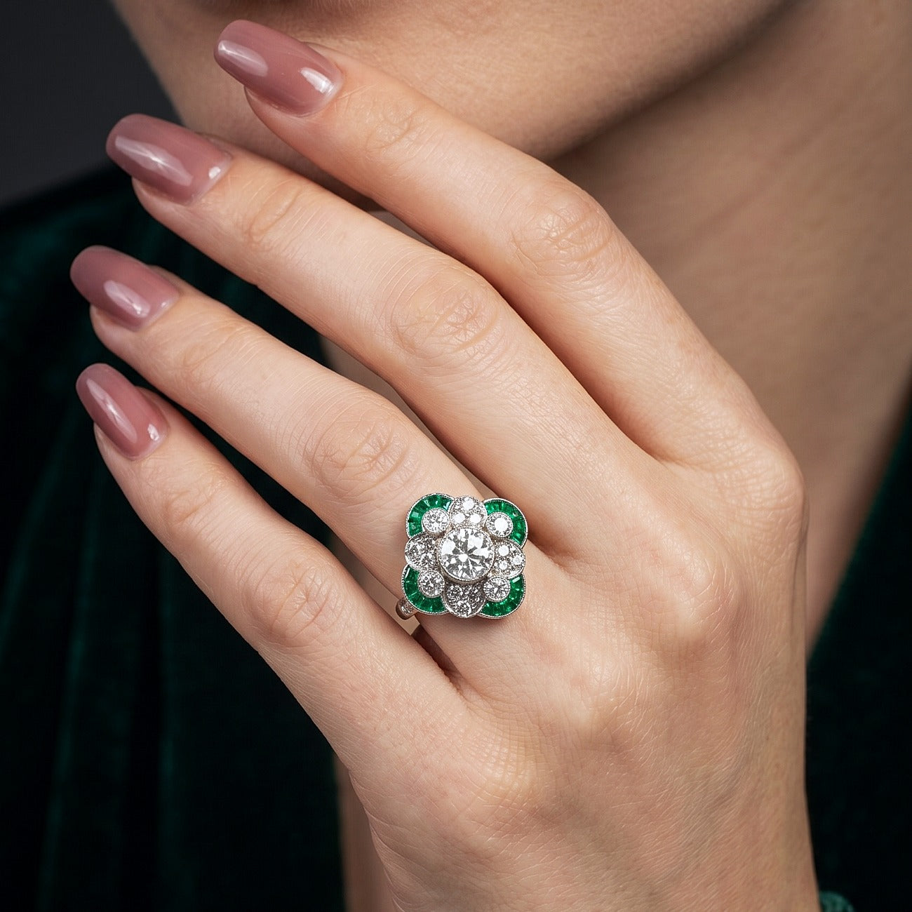 Art Deco Style Emerald Diamond Cluster Ring 1.36ct Of Diamond Secondary image