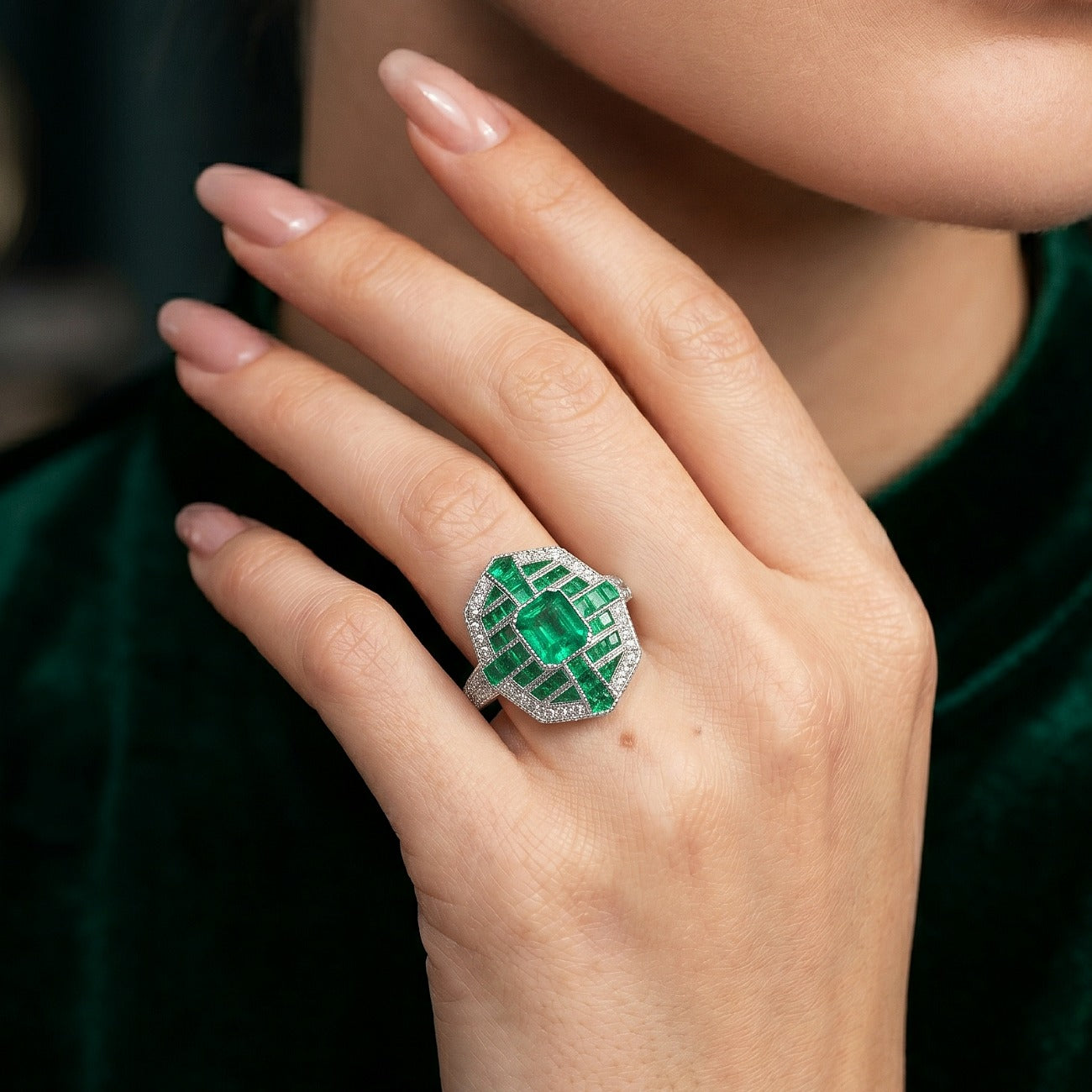 Art Deco Style Emerald Diamond Cluster Ring 1.6ct Of Emerald Secondary image