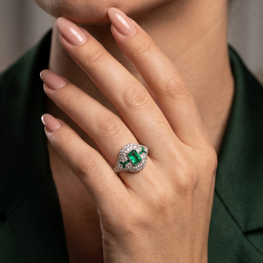 Art Deco Style Emerald Diamond Cluster Ring 0.66ct Emerald Secondary image