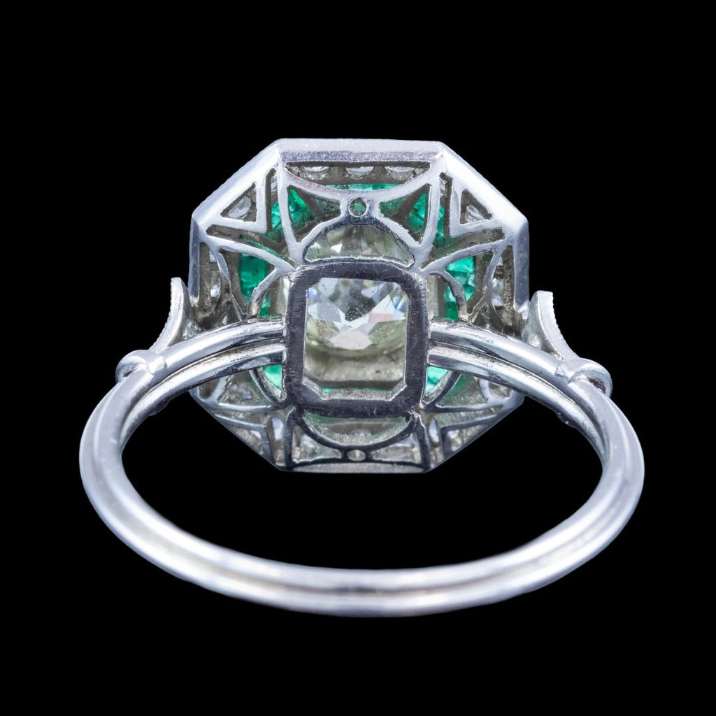 Art Deco Style Emerald Diamond Target Cluster Ring 1.62ct Diamond 