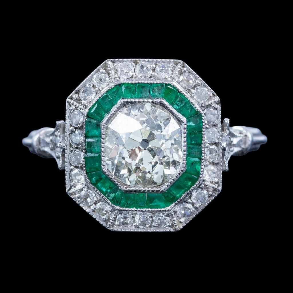 Art Deco Style Emerald Diamond Target Cluster Ring 1.62ct Diamond 