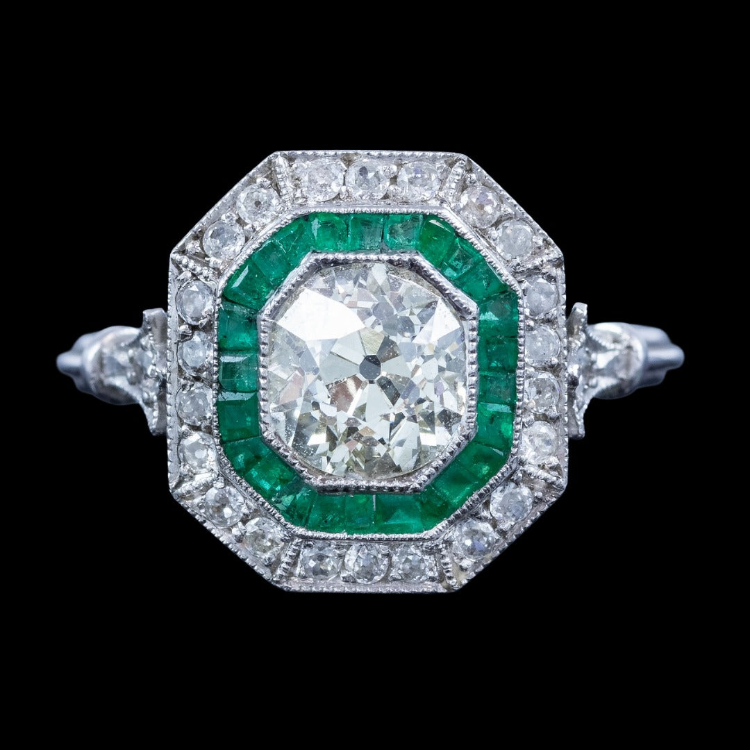 Art Deco Style Emerald Diamond Target Cluster Ring 1.62ct Diamond 