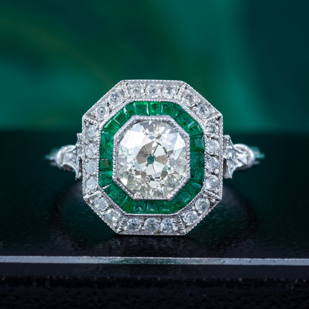 Art Deco Style Emerald Diamond Target Cluster Ring 1.62ct Diamond 