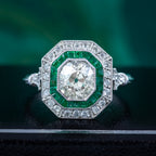 Art Deco Style Emerald Diamond Target Cluster Ring 1.62ct Diamond 
