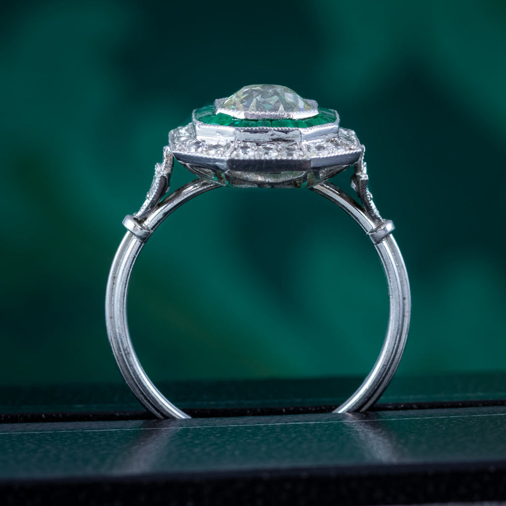 Art Deco Style Emerald Diamond Target Cluster Ring 1.62ct Diamond 