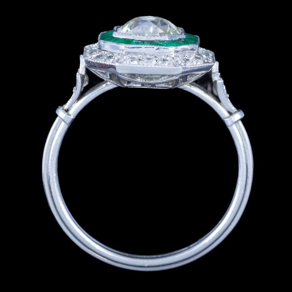 Art Deco Style Emerald Diamond Target Cluster Ring 1.62ct Diamond 