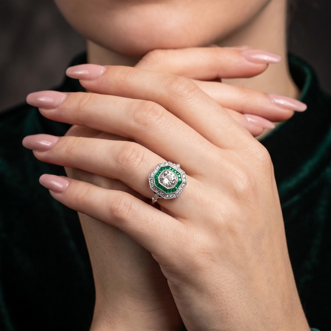Art Deco Style Emerald Diamond Target Cluster Ring 1.62ct Diamond Secondary image