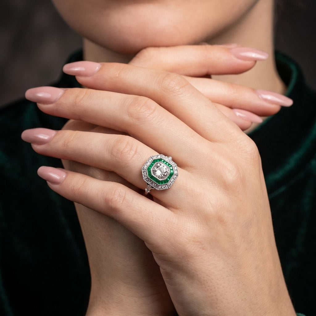 Art Deco Style Emerald Diamond Target Cluster Ring 1.62ct Diamond 