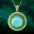 Art Deco Style Opal Emerald Diamond Pendant Necklace 18ct Gold 20ct Opal 