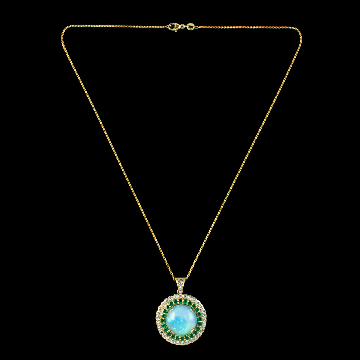 Art Deco Style Opal Emerald Diamond Pendant Necklace 18ct Gold 20ct Opal 