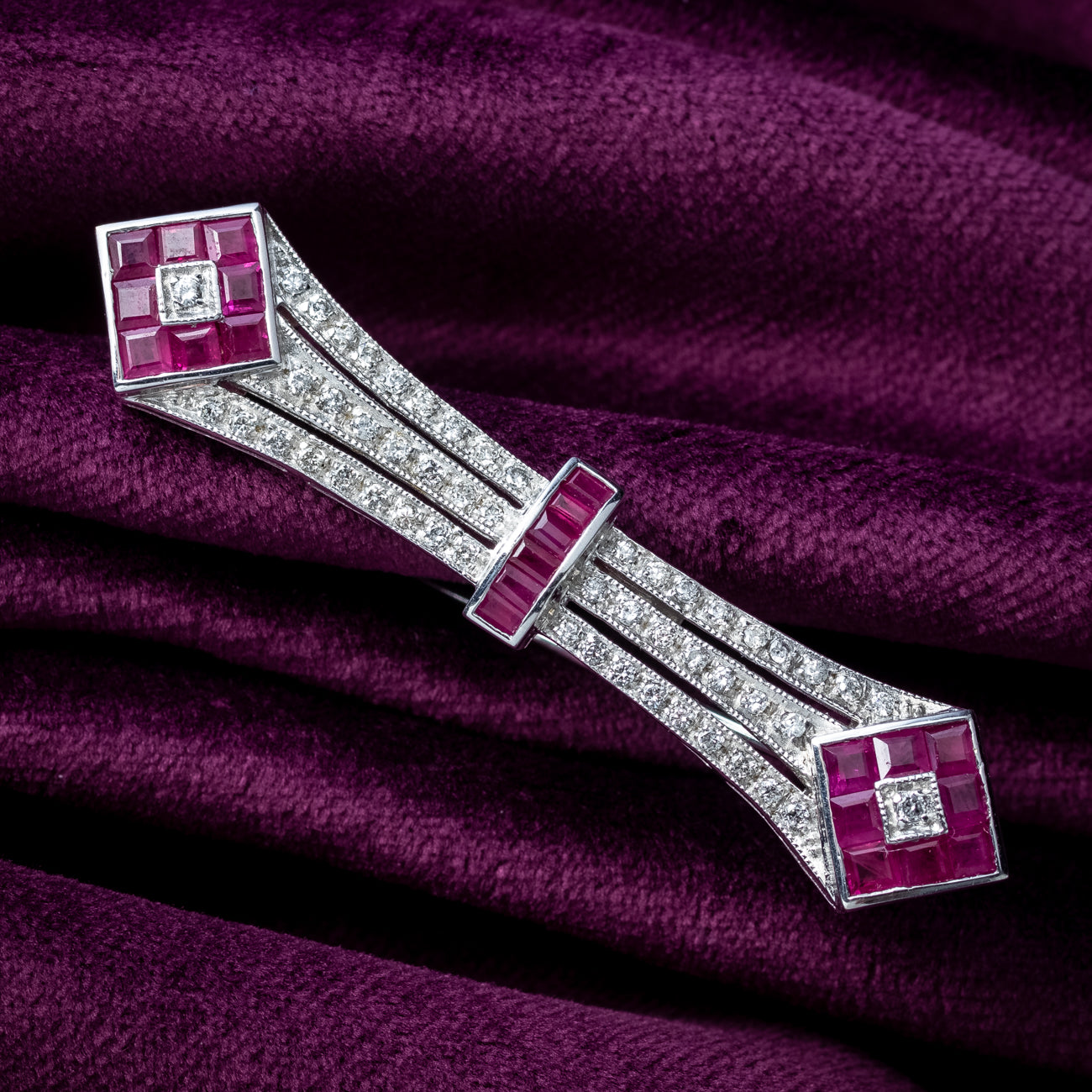 Art Deco Style Ruby Diamond Bar Brooch 18ct Gold Secondary image