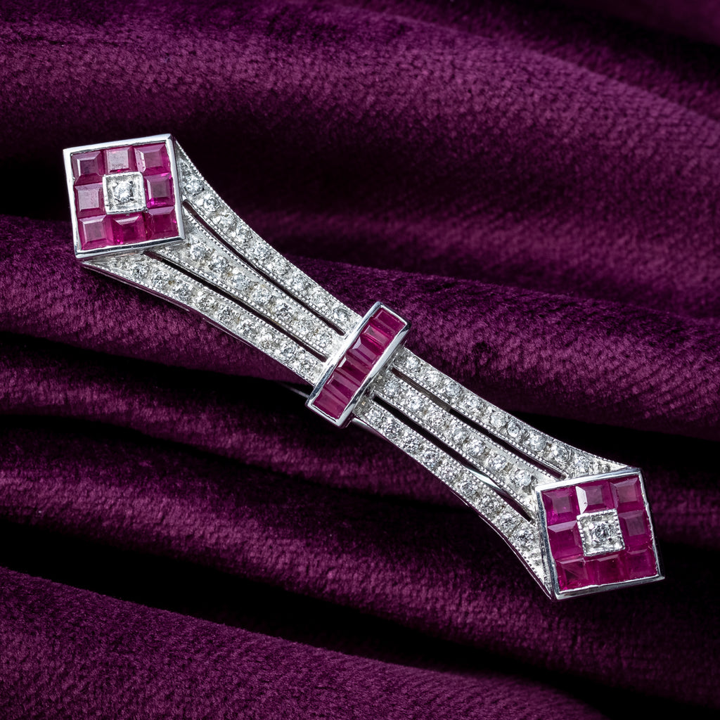 Art Deco Style Ruby Diamond Bar Brooch 18ct Gold