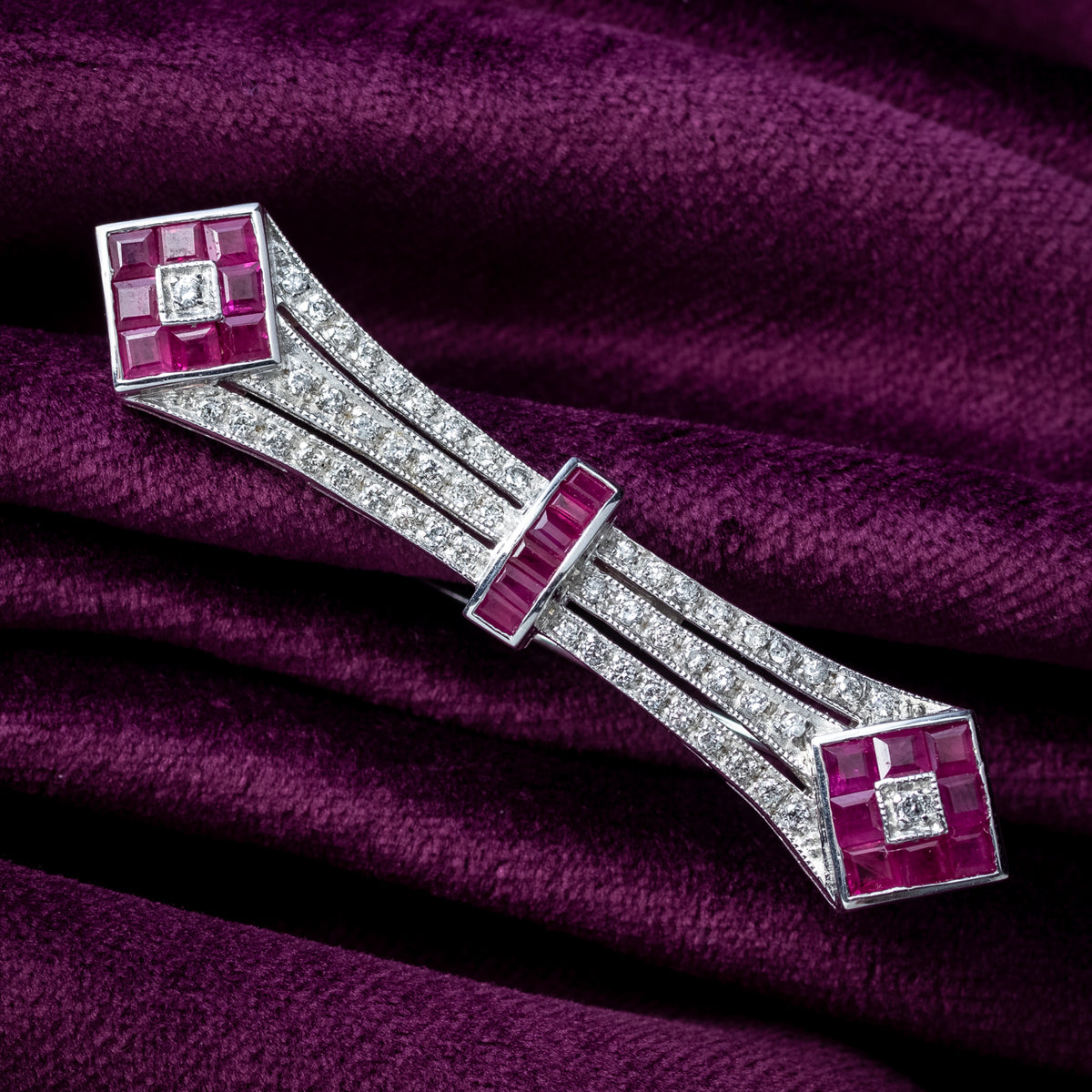 Art Deco Style Ruby Diamond Bar Brooch 18ct Gold