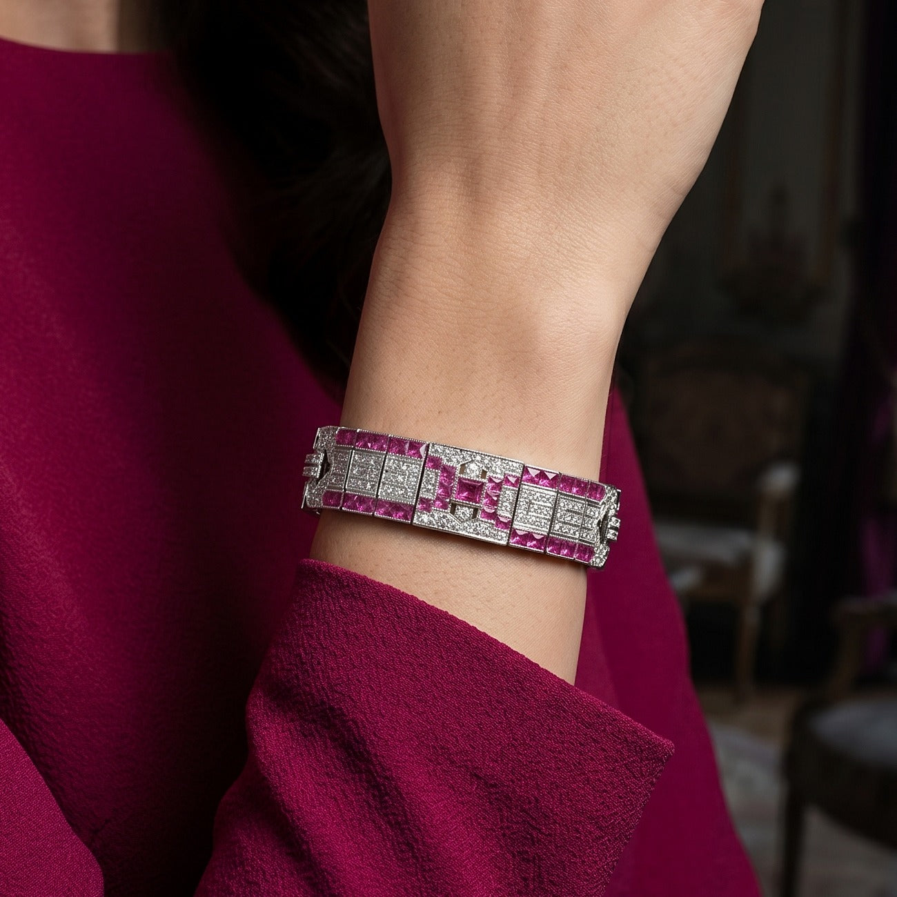 Art Deco Style Ruby Diamond Bracelet Platinum 4.34ct Diamond 10ct Ruby Secondary image