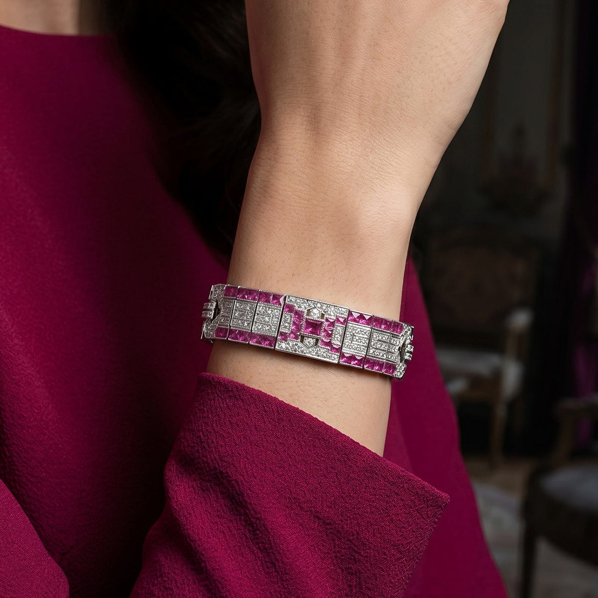 Art Deco Style Ruby Diamond Bracelet Platinum 4.34ct Diamond 10ct Ruby