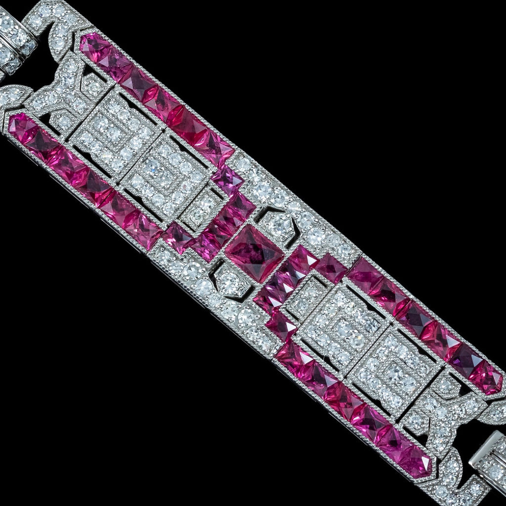 Art Deco Style Ruby Diamond Bracelet Platinum 4.34ct Diamond 10ct Ruby