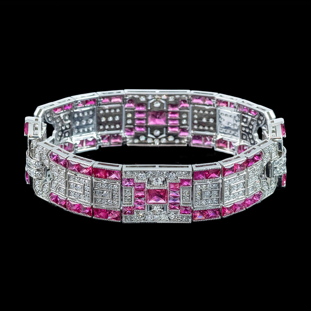 Art Deco Style Ruby Diamond Bracelet Platinum 4.34ct Diamond 10ct Ruby