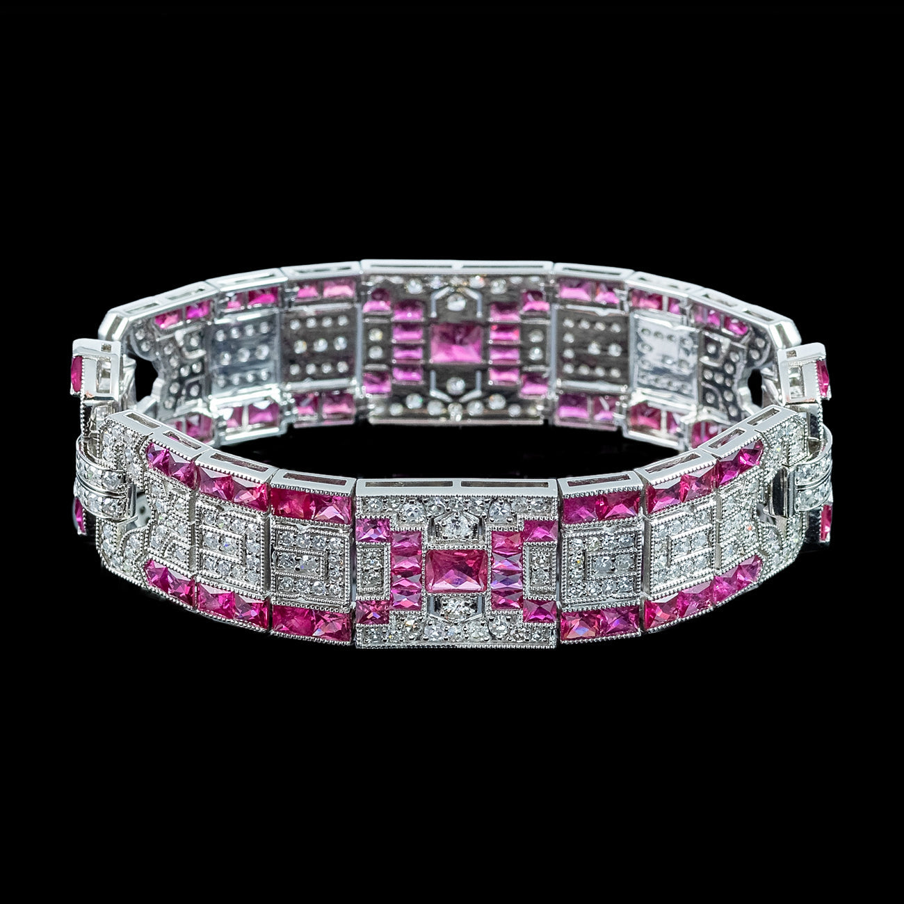 Art Deco Style Ruby Diamond Bracelet Platinum 4.34ct Diamond 10ct Ruby