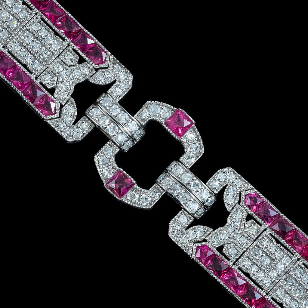 Art Deco Style Ruby Diamond Bracelet Platinum 4.34ct Diamond 10ct Ruby