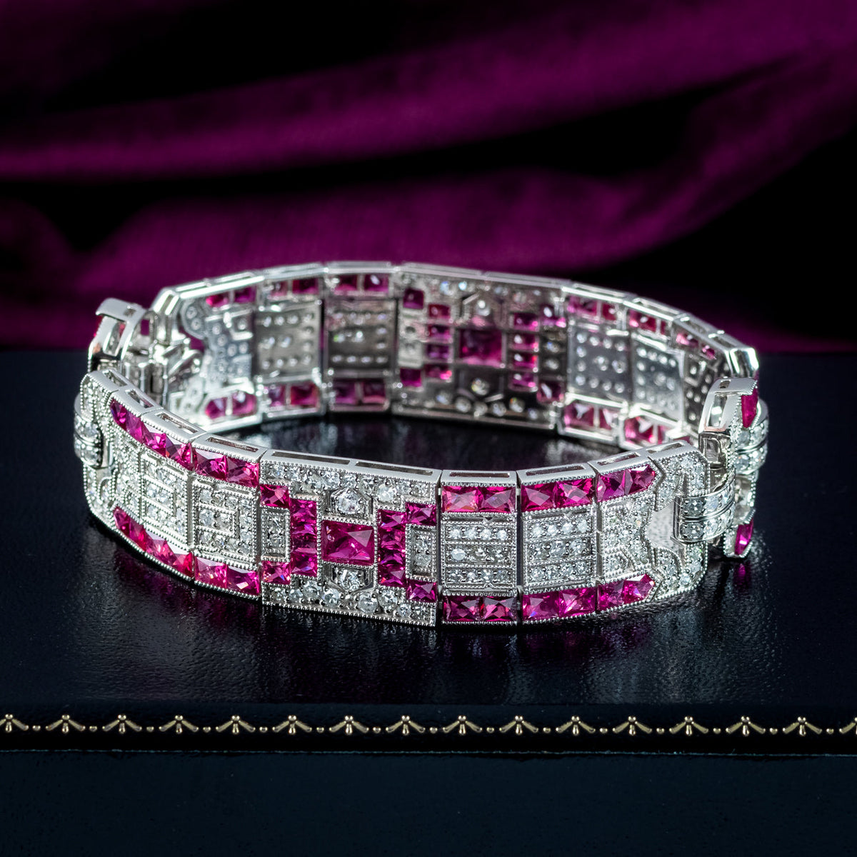 Art Deco Style Ruby Diamond Bracelet Platinum 4.34ct Diamond 10ct Ruby