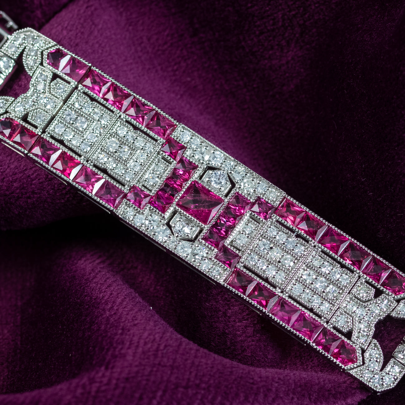 Art Deco Style Ruby Diamond Bracelet Platinum 4.34ct Diamond 10ct Ruby