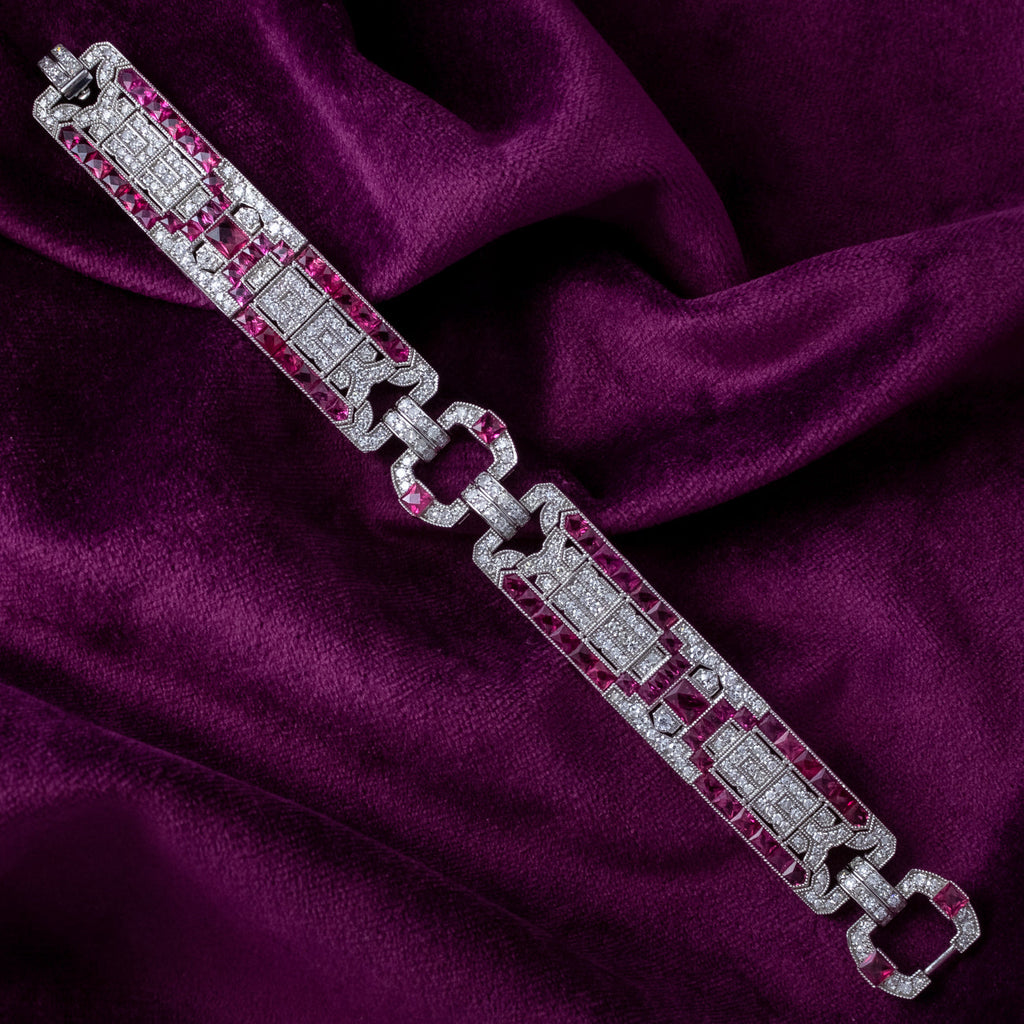 Art Deco Style Ruby Diamond Bracelet Platinum 4.34ct Diamond 10ct Ruby
