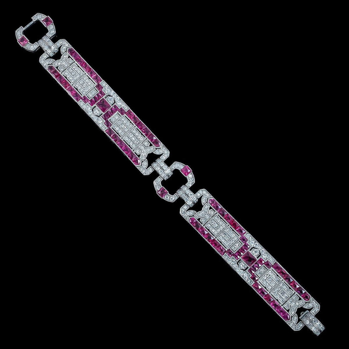 Art Deco Style Ruby Diamond Bracelet Platinum 4.34ct Diamond 10ct Ruby