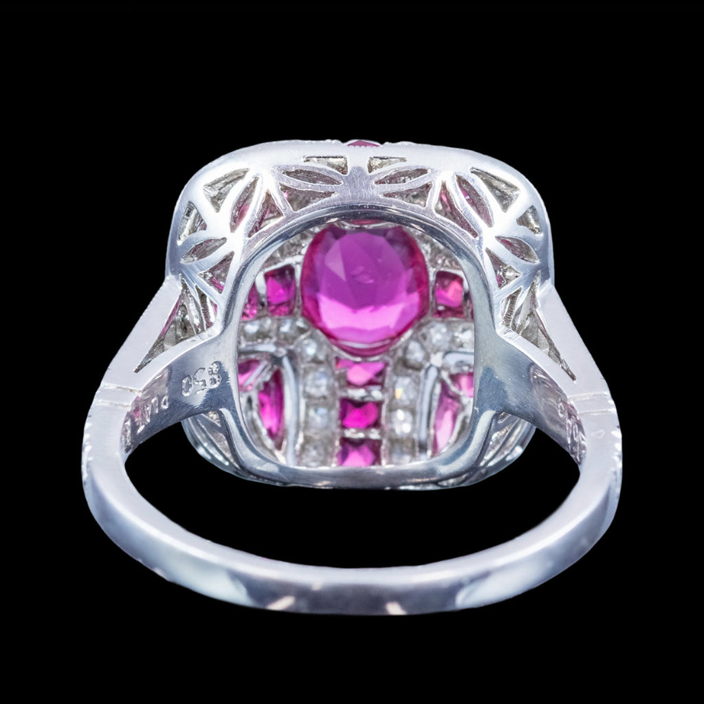 Art Deco Style Ruby Diamond Cluster Cocktail Ring 1.55ct Ruby 
