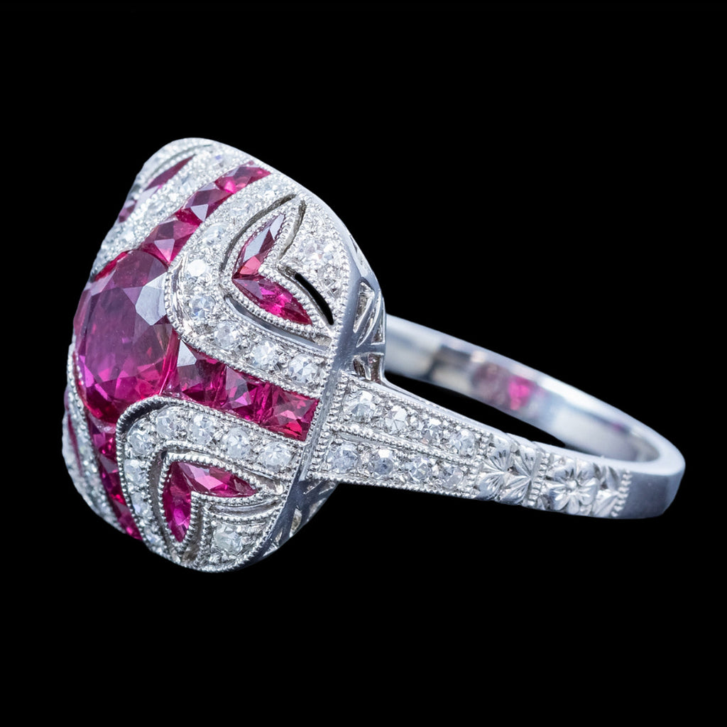 Art Deco Style Ruby Diamond Cluster Cocktail Ring 1.55ct Ruby 