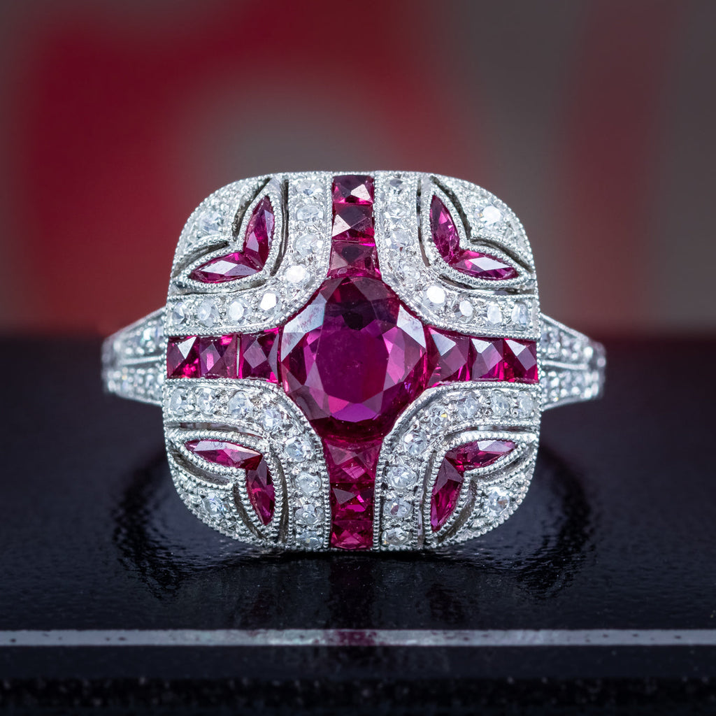 Art Deco Style Ruby Diamond Cluster Cocktail Ring 1.55ct Ruby 